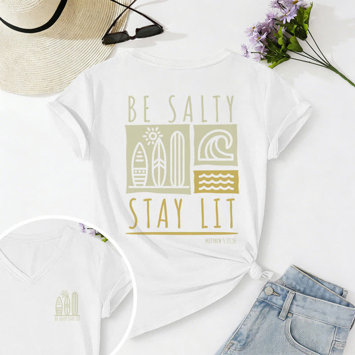 Christianartworkshop Women's Be Salty Stay Lit Printed Casual V-neck T-shirt - White - 2XL - image 10