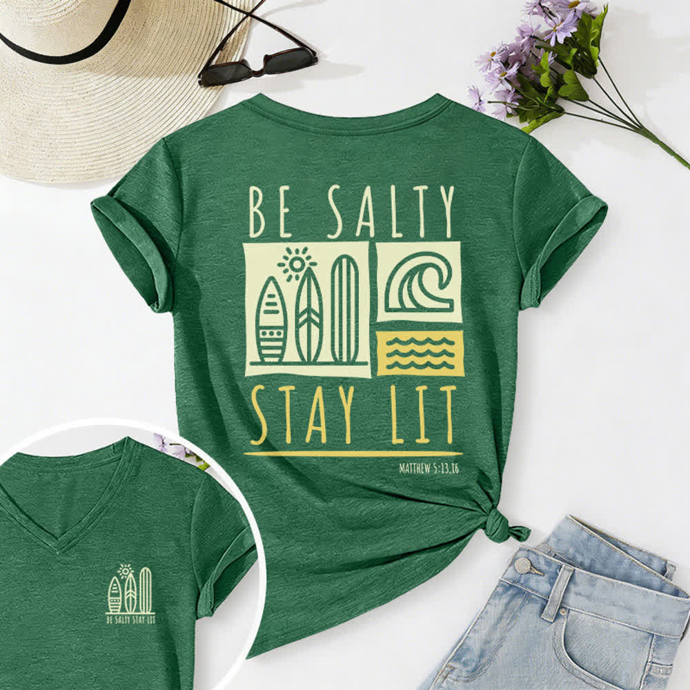 Christianartworkshop Women's Be Salty Stay Lit Printed Casual V-neck T-shirt - Dark Green - 2XL - image 35