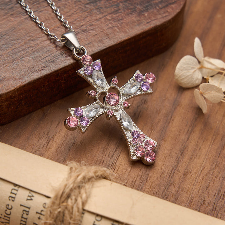 FREE Today: Pink & Purple Tone Zircon Cross Necklace with Heart Accent: A Dazzling Symbol of Love and Devotion - image 3