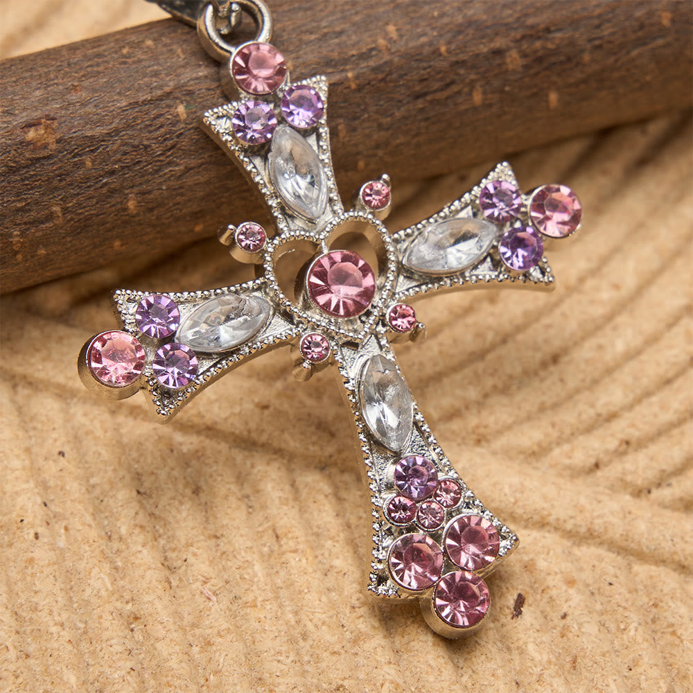 FREE Today: Pink & Purple Tone Zircon Cross Necklace with Heart Accent: A Dazzling Symbol of Love and Devotion - image 4