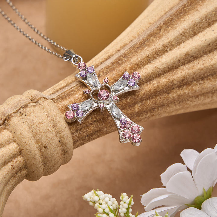 FREE Today: Pink & Purple Tone Zircon Cross Necklace with Heart Accent: A Dazzling Symbol of Love and Devotion - image 2