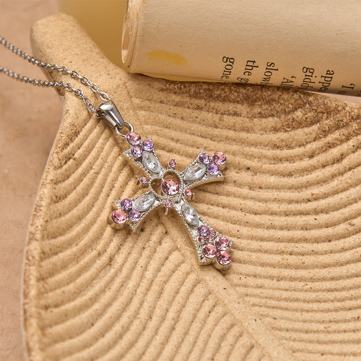 FREE Today: Pink & Purple Tone Zircon Cross Necklace with Heart Accent: A Dazzling Symbol of Love and Devotion - image 5