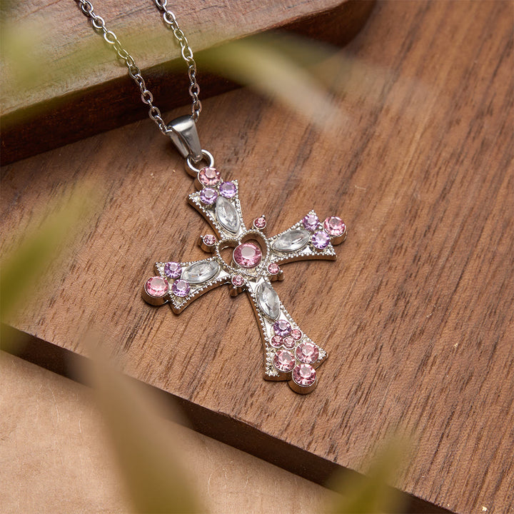 FREE Today: Pink & Purple Tone Zircon Cross Necklace with Heart Accent: A Dazzling Symbol of Love and Devotion - image 6