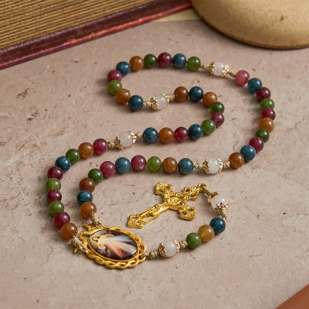 Christianartworkshop Colorful Tourmaline Beads Rosary with Square Divine Mercy and Golden Crucifix - image 2