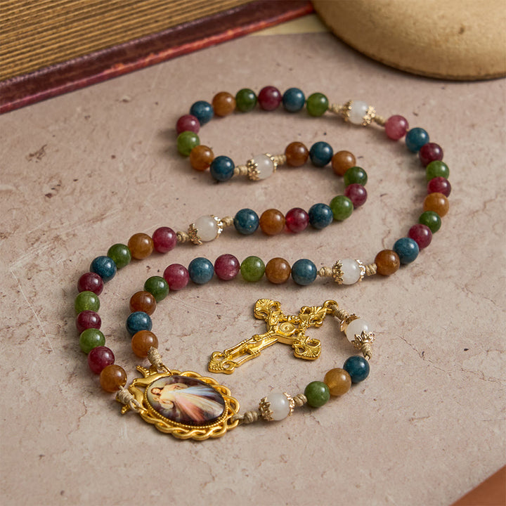 Christianartworkshop Colorful Tourmaline Beads Rosary with Square Divine Mercy and Golden Crucifix - image 2