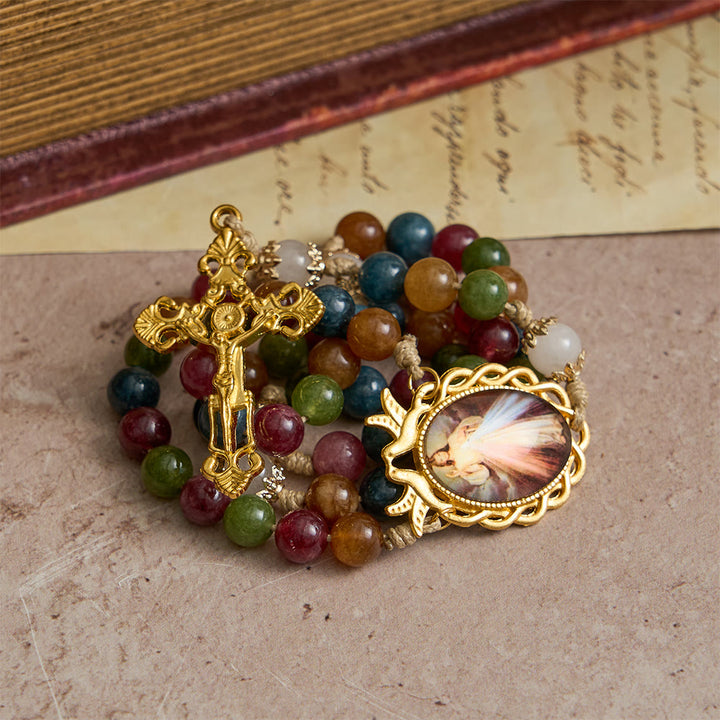 Christianartworkshop Colorful Tourmaline Beads Rosary with Square Divine Mercy and Golden Crucifix - image 3