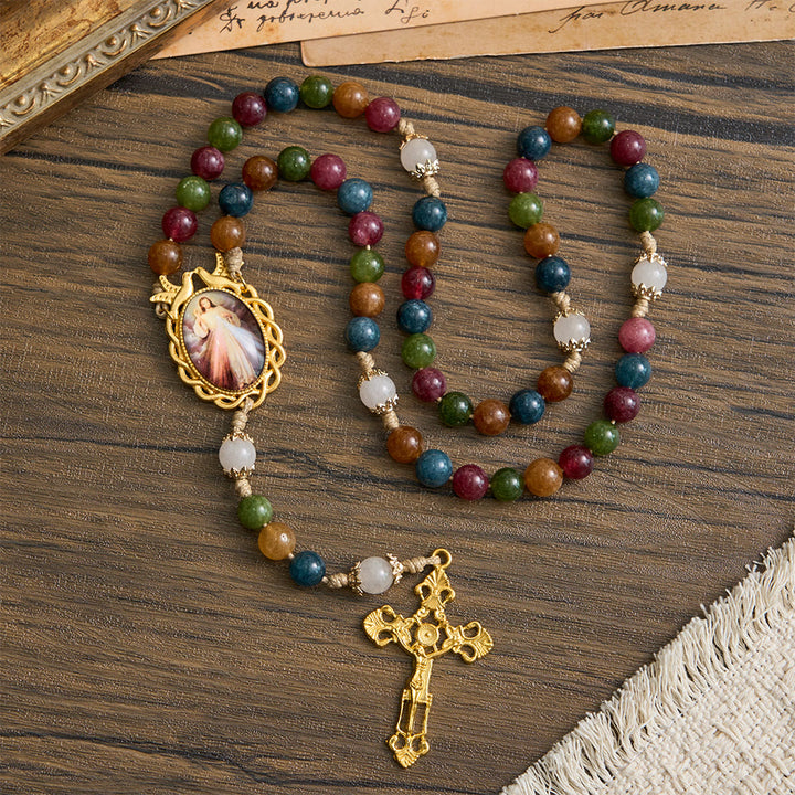 Christianartworkshop Colorful Tourmaline Beads Rosary with Square Divine Mercy and Golden Crucifix - image 4