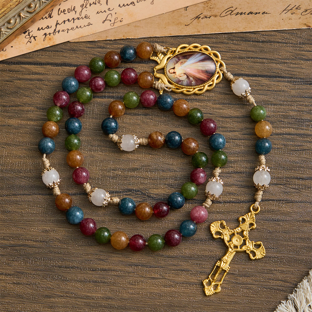Christianartworkshop Colorful Tourmaline Beads Rosary with Square Divine Mercy and Golden Crucifix - Divine Mercy - image 0