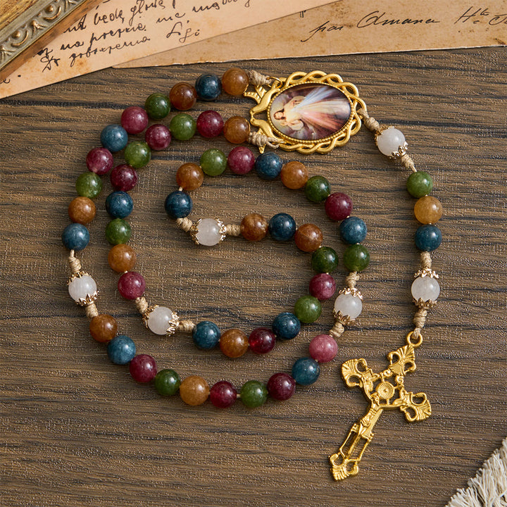 Christianartworkshop Colorful Tourmaline Beads Rosary with Square Divine Mercy and Golden Crucifix - Divine Mercy - image 0