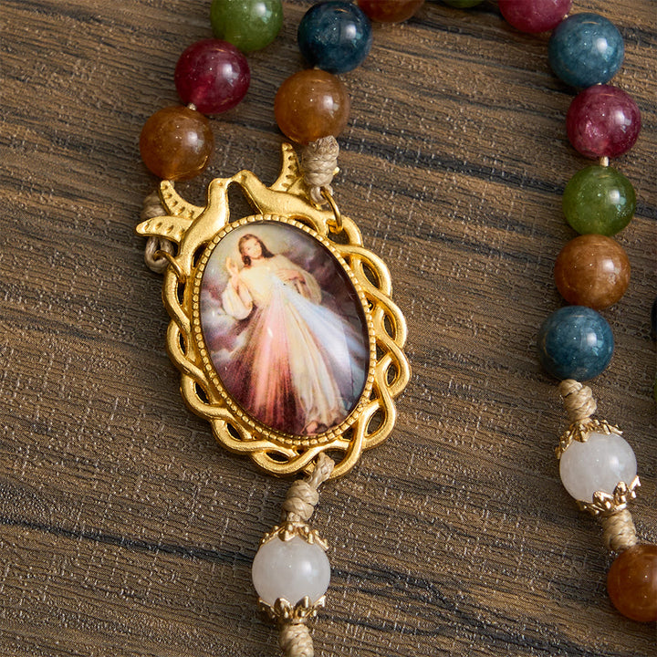 Christianartworkshop Colorful Tourmaline Beads Rosary with Square Divine Mercy and Golden Crucifix - image 5