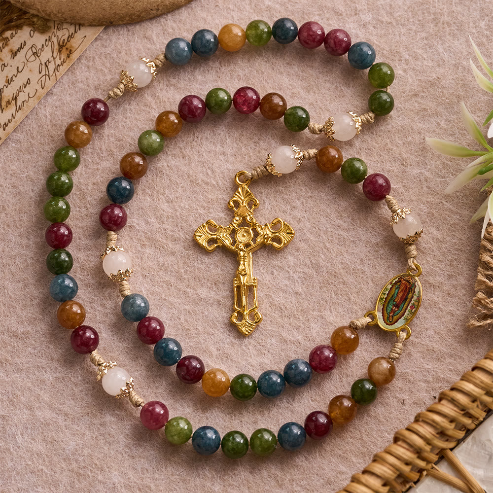Christianartworkshop Colorful Tourmaline Beads Rosary with Square Divine Mercy and Golden Crucifix - image 11
