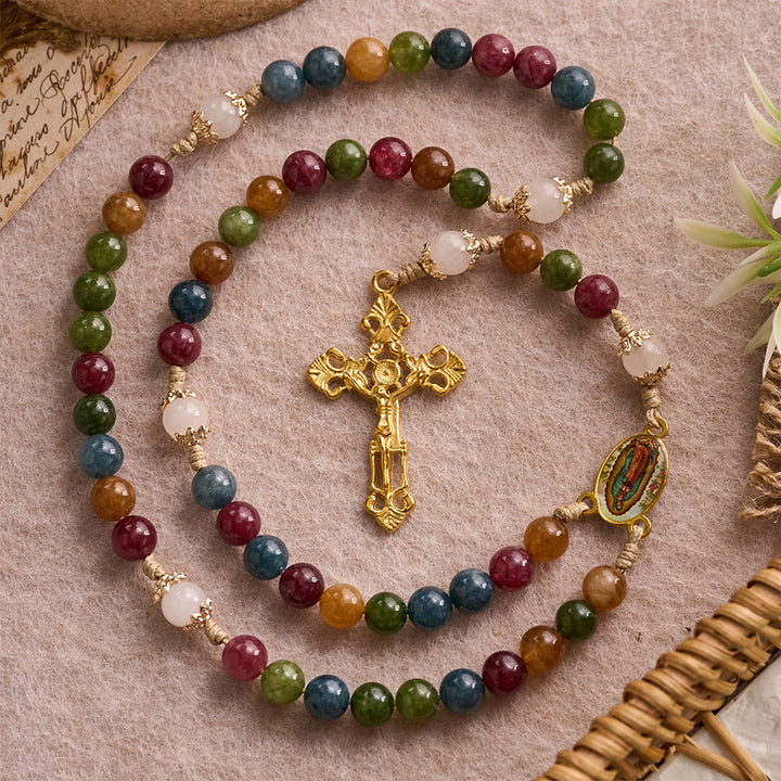 Christianartworkshop Colorful Tourmaline Beads Rosary with Square Divine Mercy and Golden Crucifix - image 11