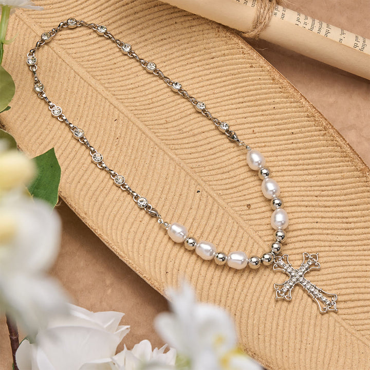 Christianartworkshop Baroque Pearl & Zircon Gothic Cross Necklace: A Symbol of Faith and Romantic Devotion - image 4