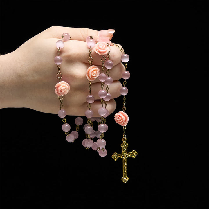 Christianartworkshop Luminous Pink Cat's Eye Rosary with Roses for Marian Devotion - image 1