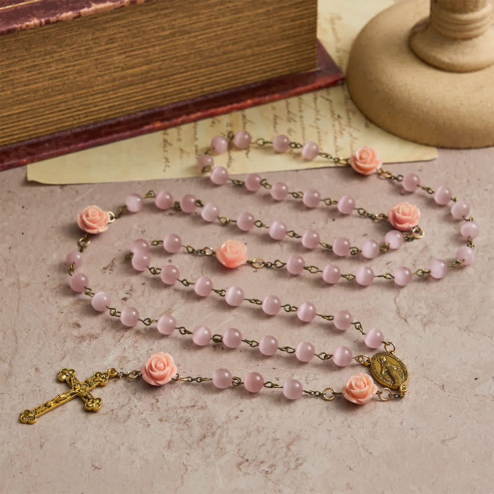Christianartworkshop Luminous Pink Cat's Eye Rosary with Roses for Marian Devotion - image 4