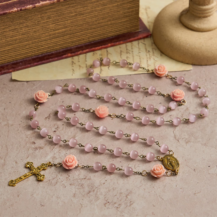 Christianartworkshop Luminous Pink Cat's Eye Rosary with Roses for Marian Devotion - image 4
