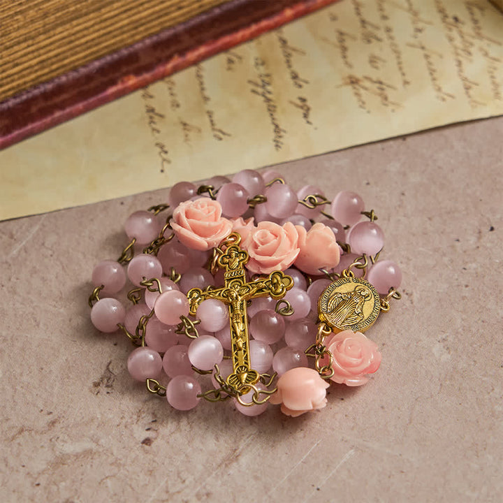 Christianartworkshop Luminous Pink Cat's Eye Rosary with Roses for Marian Devotion - image 3