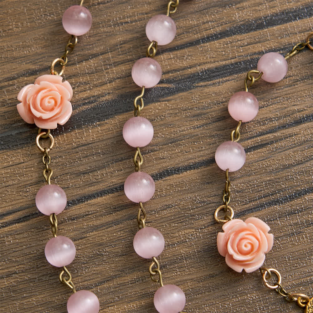 Christianartworkshop Luminous Pink Cat's Eye Rosary with Roses for Marian Devotion - image 5