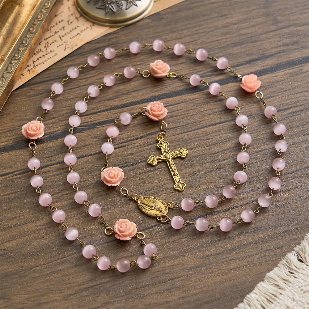 Christianartworkshop Luminous Pink Cat's Eye Rosary with Roses for Marian Devotion - Our Lady & Crucifix - image 0