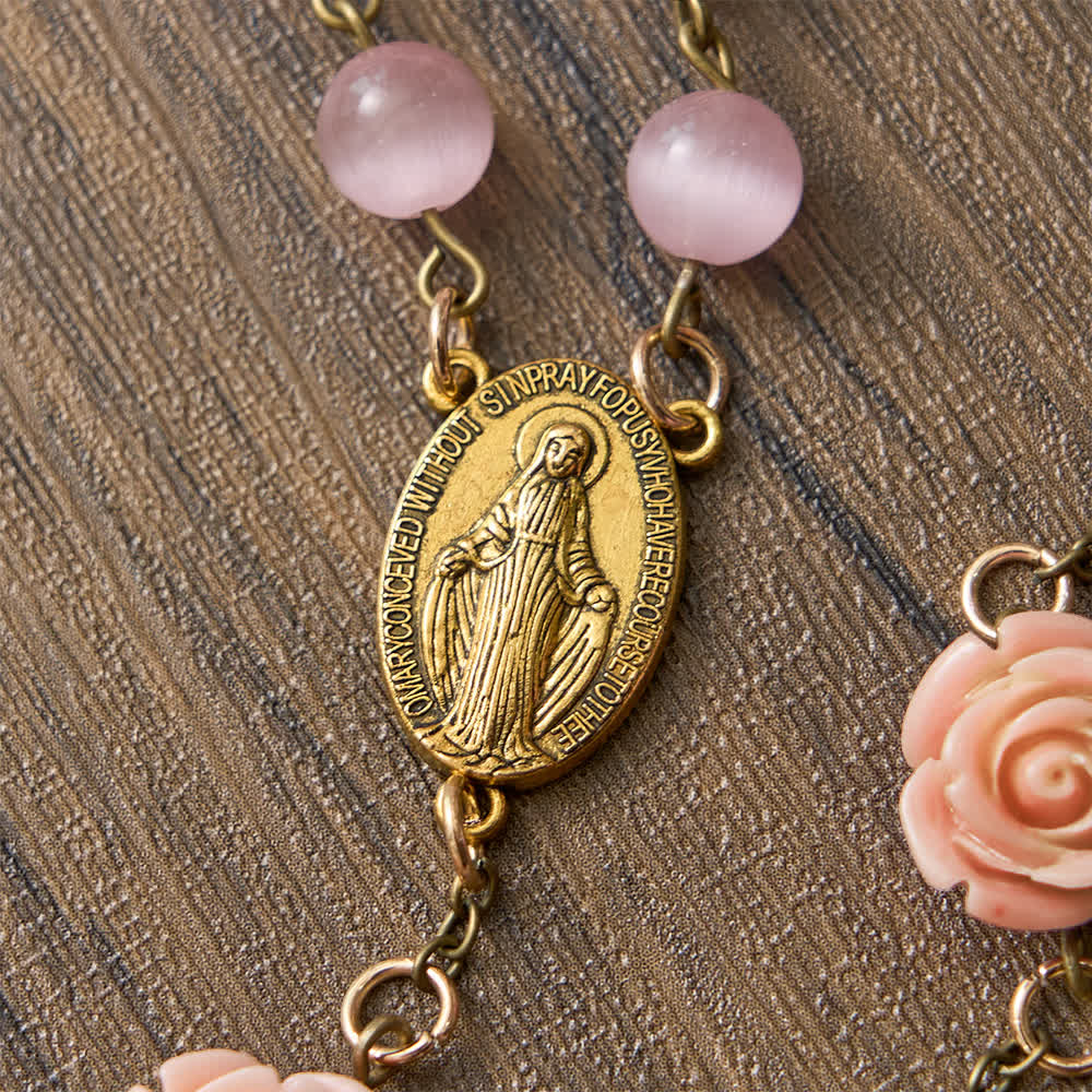 Christianartworkshop Luminous Pink Cat's Eye Rosary with Roses for Marian Devotion - image 6