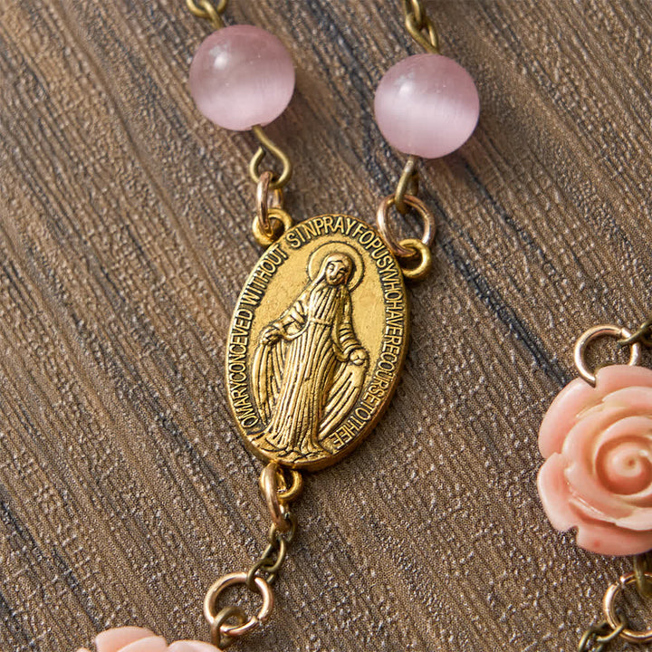 Christianartworkshop Luminous Pink Cat's Eye Rosary with Roses for Marian Devotion - image 6