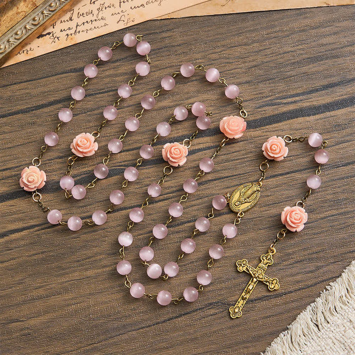 Christianartworkshop Luminous Pink Cat's Eye Rosary with Roses for Marian Devotion - image 2