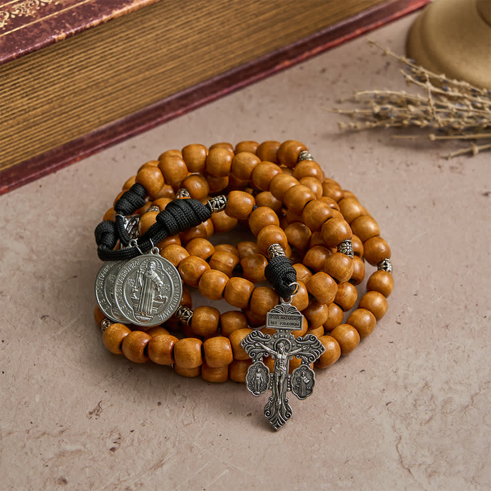 Christianartworkshop Traditional Rustic Wood Fifteen Decade Prayer Rosary with St. Benedict Medal & Crucifix - image 5