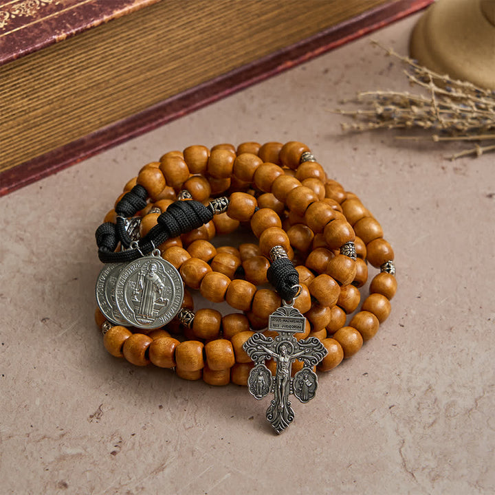 Christianartworkshop Traditional Rustic Wood Fifteen Decade Prayer Rosary with St. Benedict Medal & Crucifix - image 5