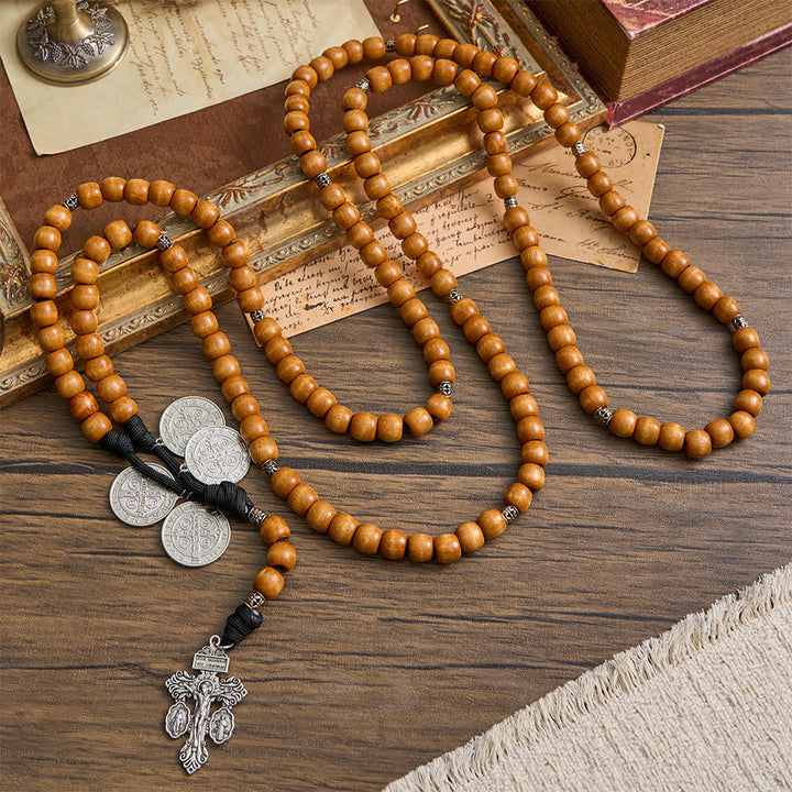 Christianartworkshop Traditional Rustic Wood Fifteen Decade Prayer Rosary with St. Benedict Medal & Crucifix - image 6