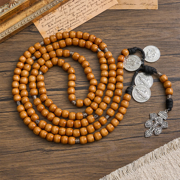 Christianartworkshop Traditional Rustic Wood 5/15/20 Decade Prayer Rosary with St. Benedict Medal & Crucifix - 15 Decade Rosary - image 0