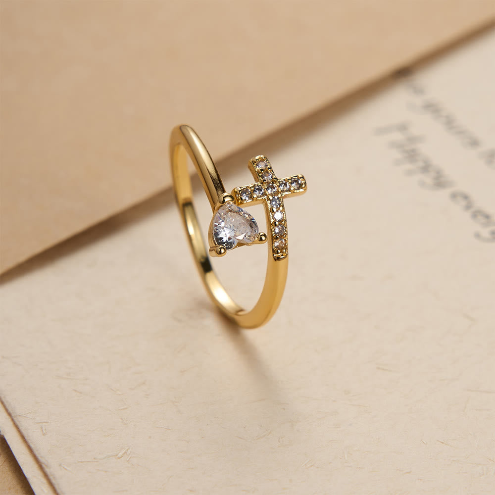 FREE Today: Two-Color Adjustable Ring with Paved Cross & Heart Zircon Accents: A Reminder of Sacred Grace - Golden(Suitable for US Sizes 9-12) - image 0