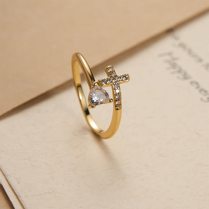 FREE Today: Two-Color Adjustable Ring with Paved Cross & Heart Zircon Accents: A Reminder of Sacred Grace - Golden(Suitable for US Sizes 9-12) - image 0