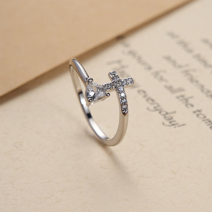 FREE Today: Two-Color Adjustable Ring with Paved Cross & Heart Zircon Accents: A Reminder of Sacred Grace - Silver(Suitable for US Sizes 9-12) - image 3