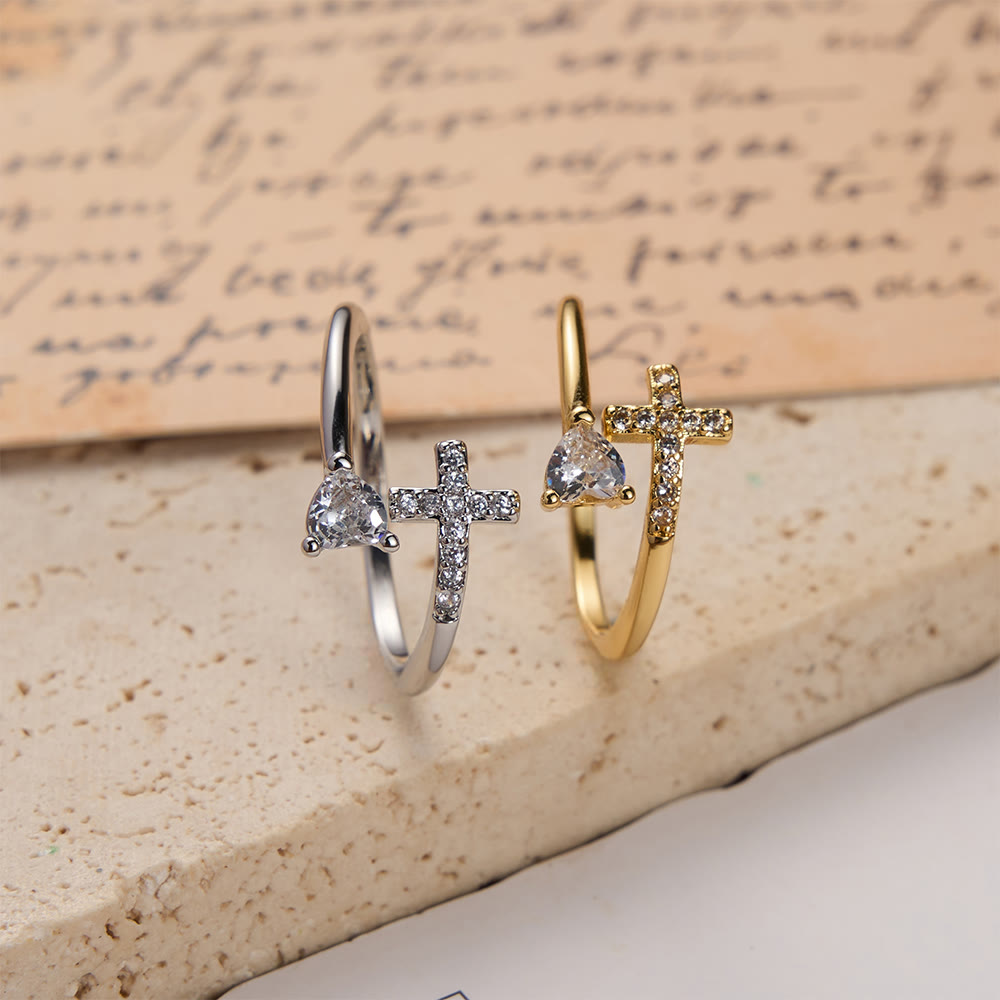 FREE Today: Two-Color Adjustable Ring with Paved Cross & Heart Zircon Accents: A Reminder of Sacred Grace - image 1