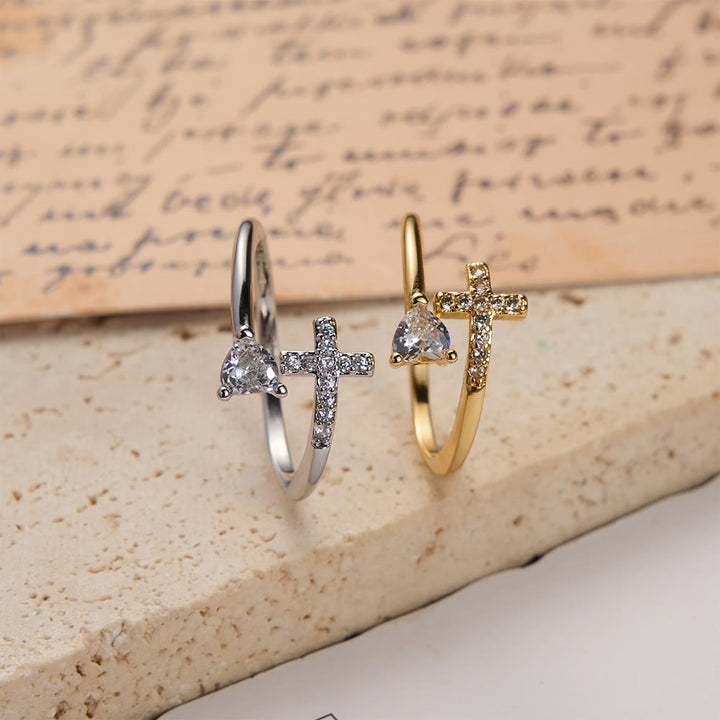 FREE Today: Two-Color Adjustable Ring with Paved Cross & Heart Zircon Accents: A Reminder of Sacred Grace - image 1