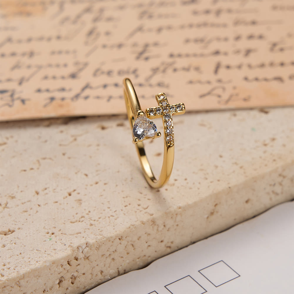 FREE Today: Two-Color Adjustable Ring with Paved Cross & Heart Zircon Accents: A Reminder of Sacred Grace - image 2