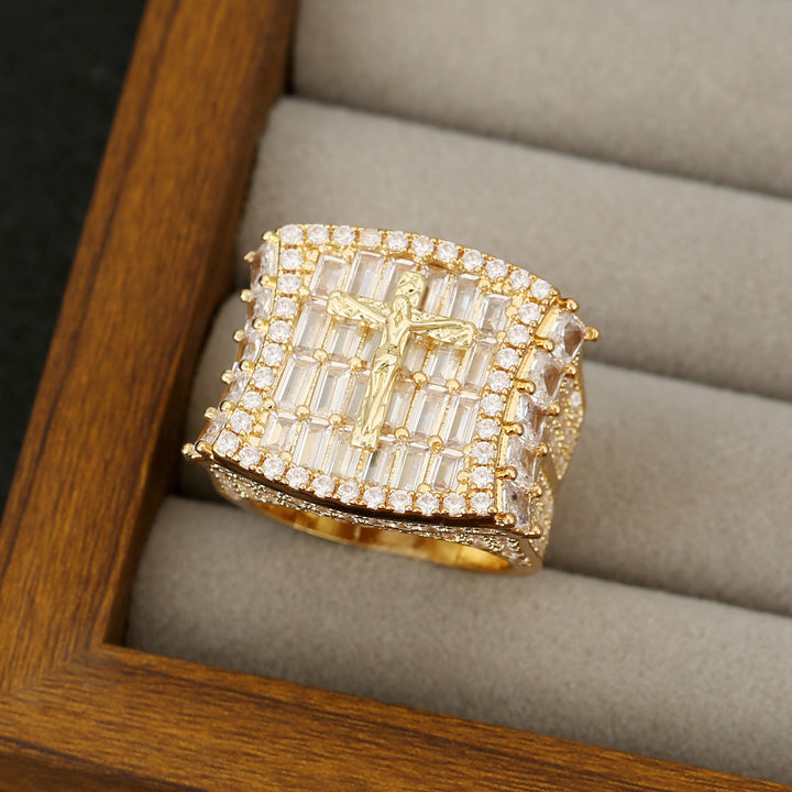 Christianartworkshop Luxury Full Zircon Crucifix Ring with Baguette and Round Cut Stones: A Reminder of Sacred Majesty - Golden - US 10 - image 2