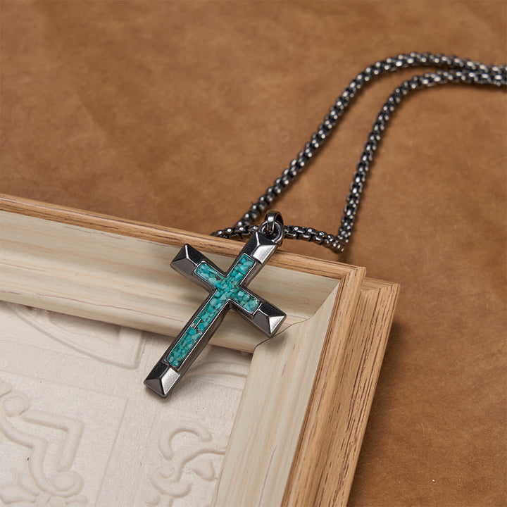 Christianartworkshop Polished Metal Cross Necklace with Turquoise Chip Inlay: A Reminder of Divine Grace - image 1