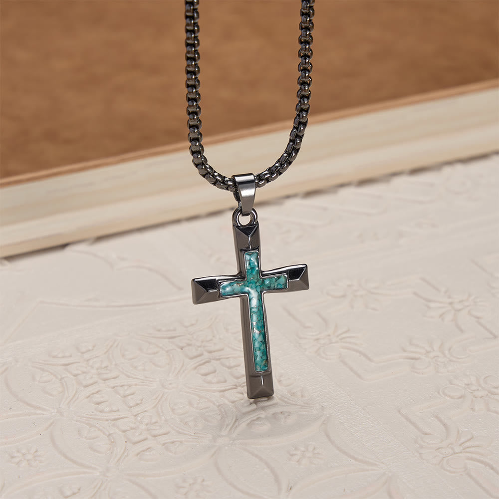 Christianartworkshop Polished Metal Cross Necklace with Turquoise Chip Inlay: A Reminder of Divine Grace - image 3