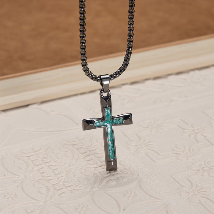Christianartworkshop Polished Metal Cross Necklace with Turquoise Chip Inlay: A Reminder of Divine Grace - image 3