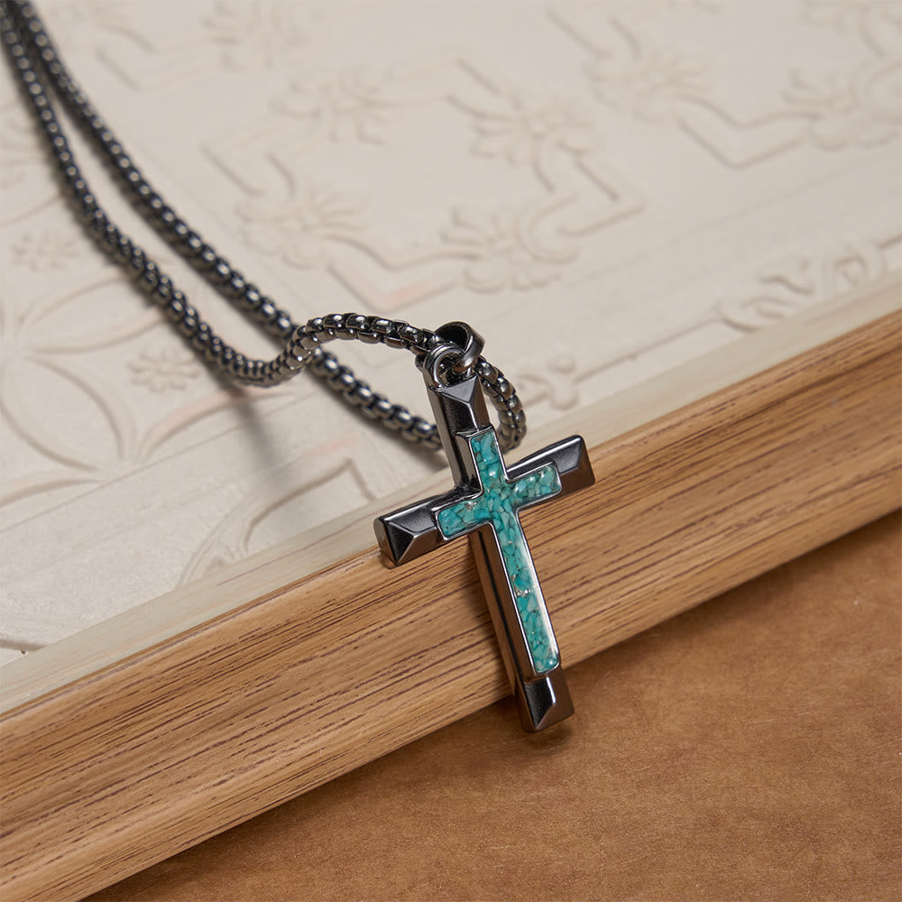 Christianartworkshop Polished Metal Cross Necklace with Turquoise Chip Inlay: A Reminder of Divine Grace - image 4