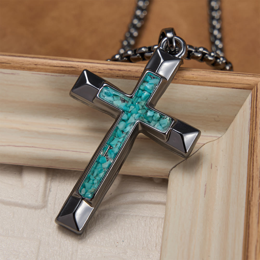 Christianartworkshop Polished Metal Cross Necklace with Turquoise Chip Inlay: A Reminder of Divine Grace - Turquoise Cross - image 0