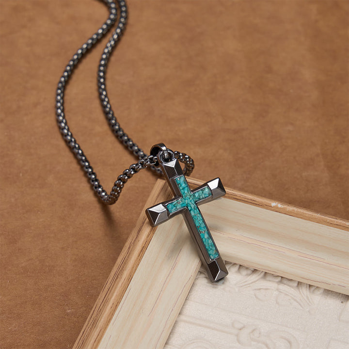 Christianartworkshop Polished Metal Cross Necklace with Turquoise Chip Inlay: A Reminder of Divine Grace - image 2