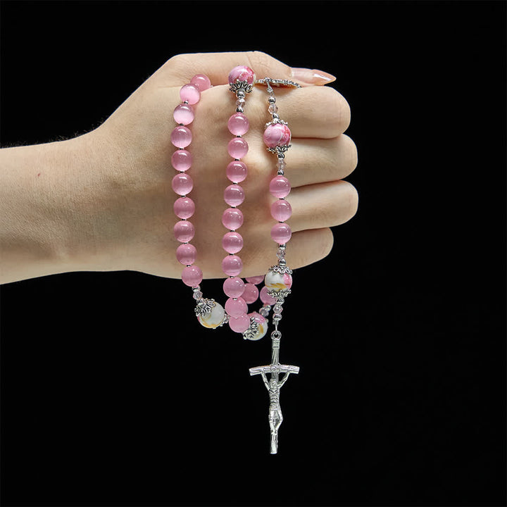 Christianartworkshop Elegant Pink Cat's Eye Rosary with Floral Marian Devotion - image 1