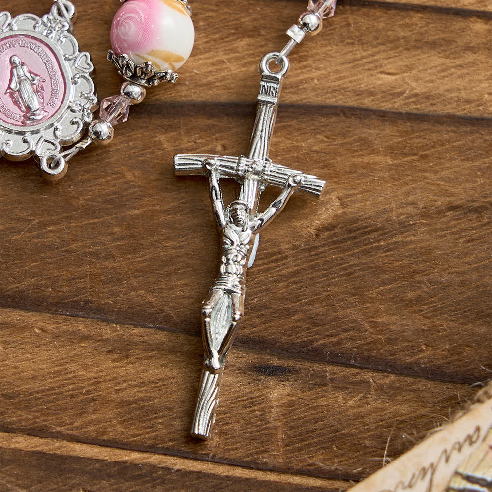 Christianartworkshop Elegant Pink Cat's Eye Rosary with Floral Marian Devotion - image 9