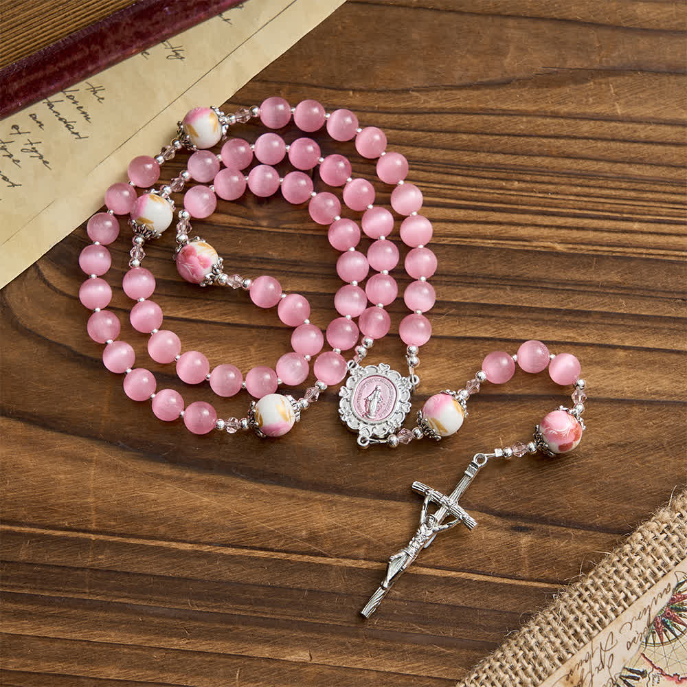 Christianartworkshop Elegant Pink Cat's Eye Rosary with Floral Marian Devotion - Our Lady & Crucifix - image 0