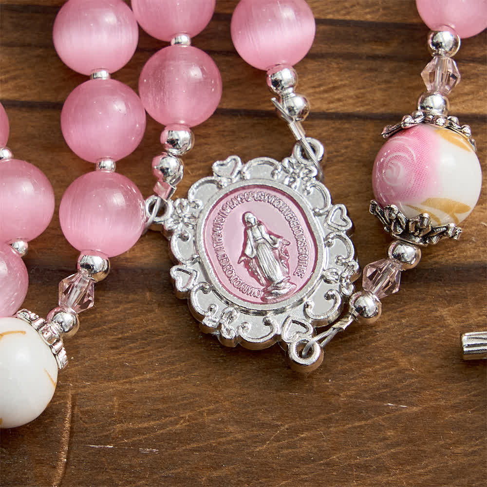 Christianartworkshop Elegant Pink Cat's Eye Rosary with Floral Marian Devotion - image 8