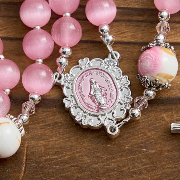 Christianartworkshop Elegant Pink Cat's Eye Rosary with Floral Marian Devotion - image 8