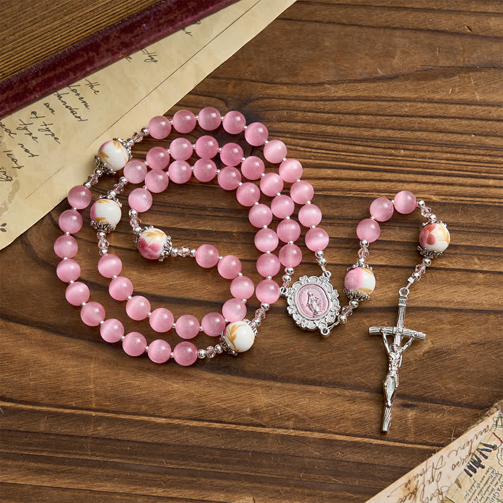Christianartworkshop Elegant Pink Cat's Eye Rosary with Floral Marian Devotion - image 2
