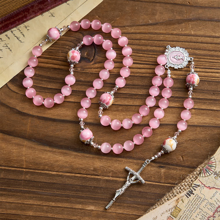 Christianartworkshop Elegant Pink Cat's Eye Rosary with Floral Marian Devotion - image 3